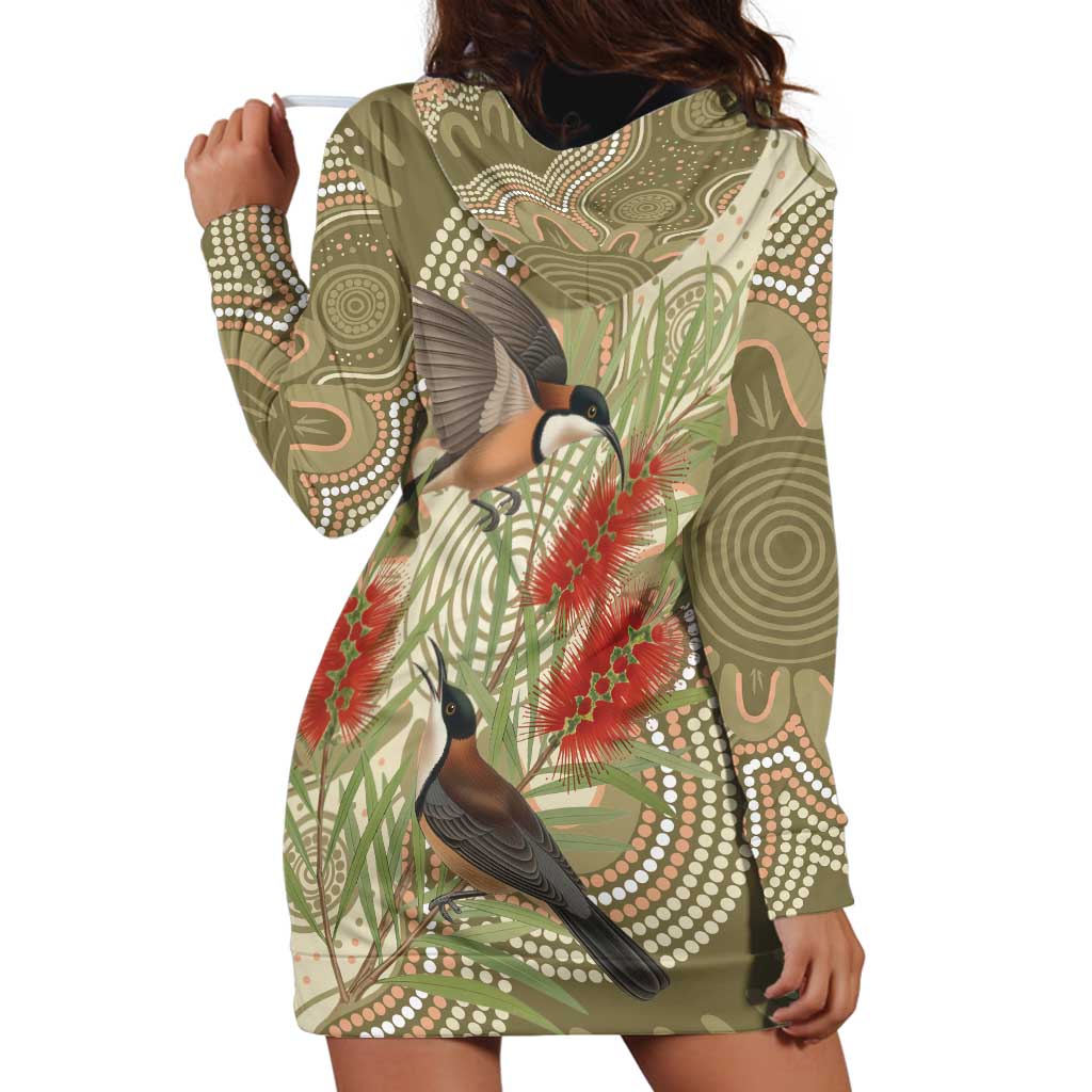 Australia Eastern Spinebill Hoodie Dress Aussie Honeyeater Bottlebrush Indigenous Art - Aussie Hoodie