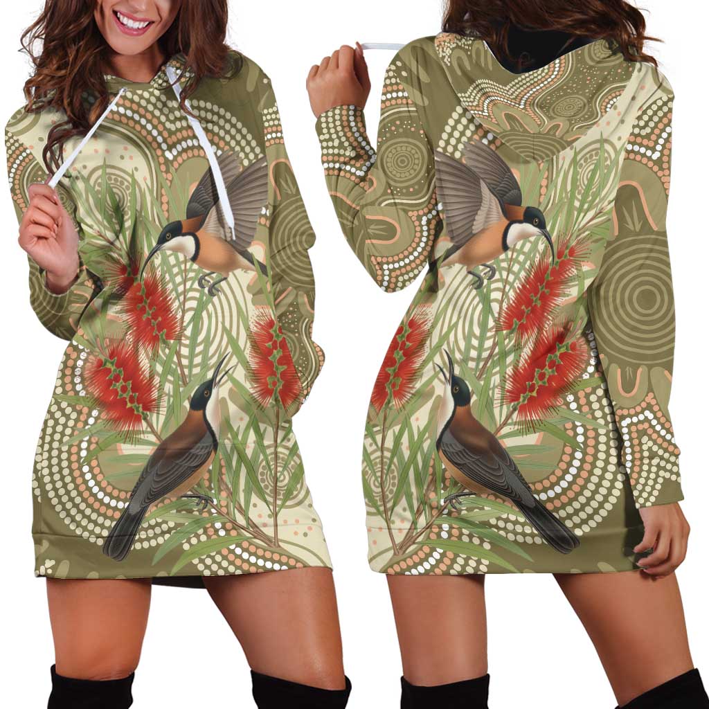Australia Eastern Spinebill Hoodie Dress Aussie Honeyeater Bottlebrush Indigenous Art - Aussie Hoodie