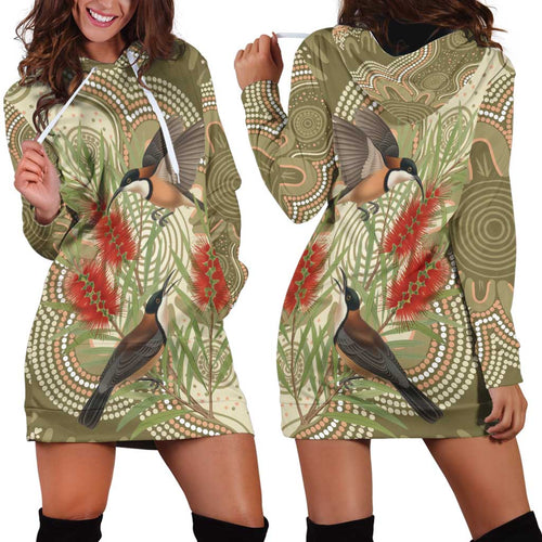 Australia Eastern Spinebill Hoodie Dress Aussie Honeyeater Bottlebrush Indigenous Art - Aussie Hoodie