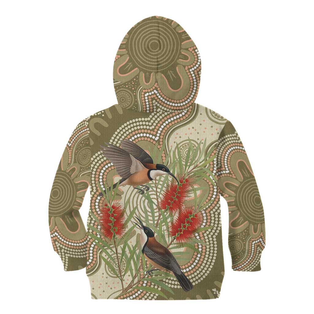 Australia Eastern Spinebill Kid Hoodie Aussie Honeyeater Bottlebrush Indigenous Art - Aussie Hoodie