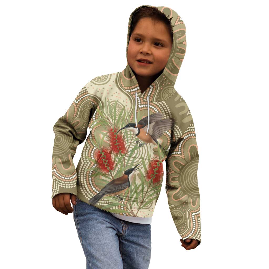 Australia Eastern Spinebill Kid Hoodie Aussie Honeyeater Bottlebrush Indigenous Art - Aussie Hoodie