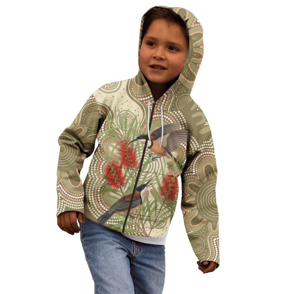 Australia Eastern Spinebill Kid Hoodie Aussie Honeyeater Bottlebrush Indigenous Art - Aussie Hoodie