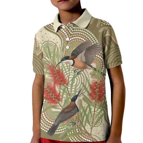 Australia Eastern Spinebill Kid Polo Shirt Aussie Honeyeater Bottlebrush Indigenous Art - Aussie Hoodie