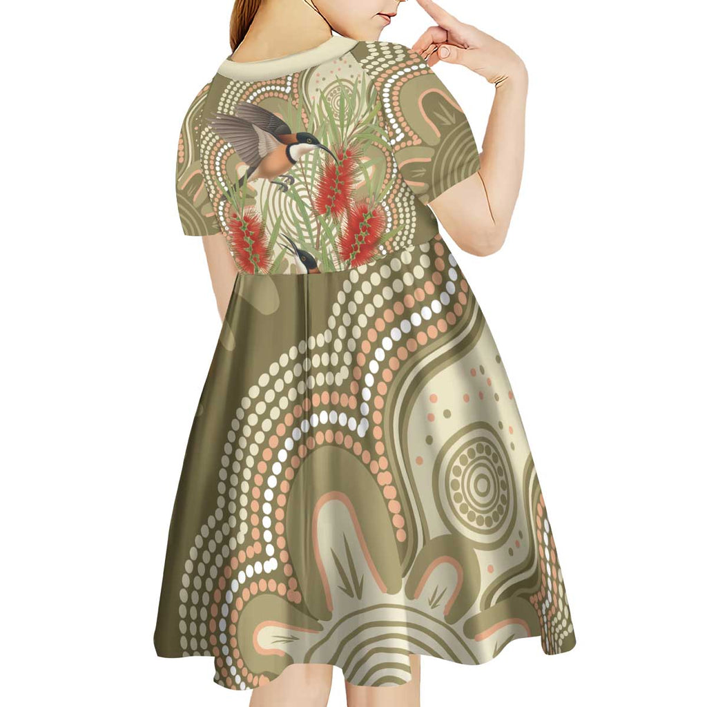 Australia Eastern Spinebill Kid Short Sleeve Dress Aussie Honeyeater Bottlebrush Indigenous Art - Aussie Hoodie