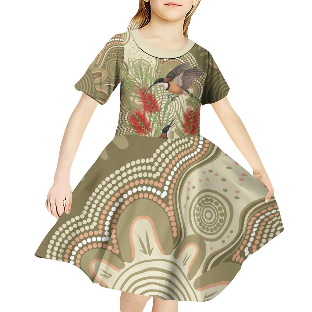 Australia Eastern Spinebill Kid Short Sleeve Dress Aussie Honeyeater Bottlebrush Indigenous Art - Aussie Hoodie
