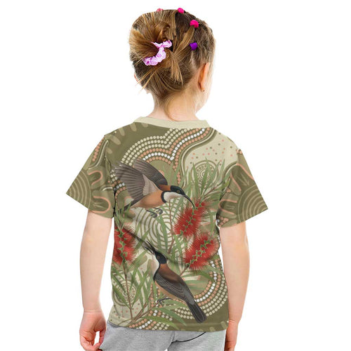 Australia Eastern Spinebill Kid T Shirt Aussie Honeyeater Bottlebrush Indigenous Art - Aussie Hoodie