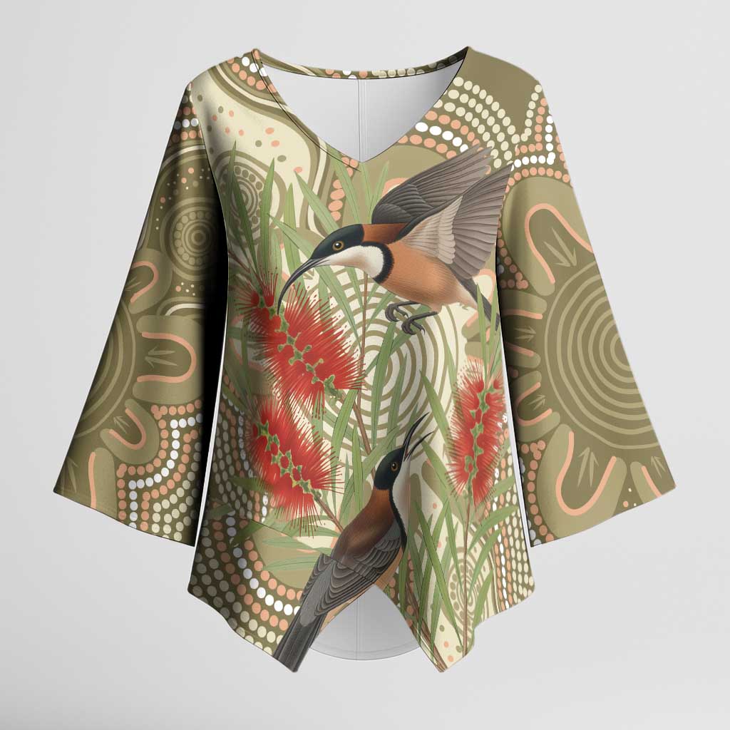 Australia Eastern Spinebill Kimono Sleeve Blouse Aussie Honeyeater Bottlebrush Indigenous Art - Aussie Hoodie