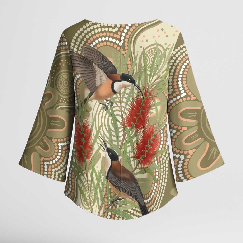 Australia Eastern Spinebill Kimono Sleeve Blouse Aussie Honeyeater Bottlebrush Indigenous Art - Aussie Hoodie