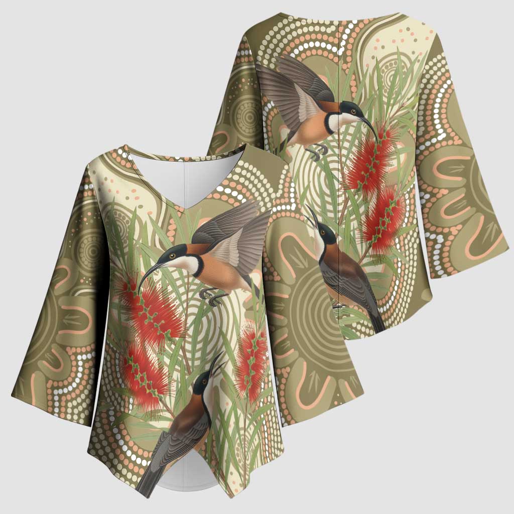 Australia Eastern Spinebill Kimono Sleeve Blouse Aussie Honeyeater Bottlebrush Indigenous Art - Aussie Hoodie
