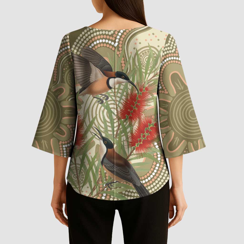 Australia Eastern Spinebill Kimono Sleeve Blouse Aussie Honeyeater Bottlebrush Indigenous Art - Aussie Hoodie