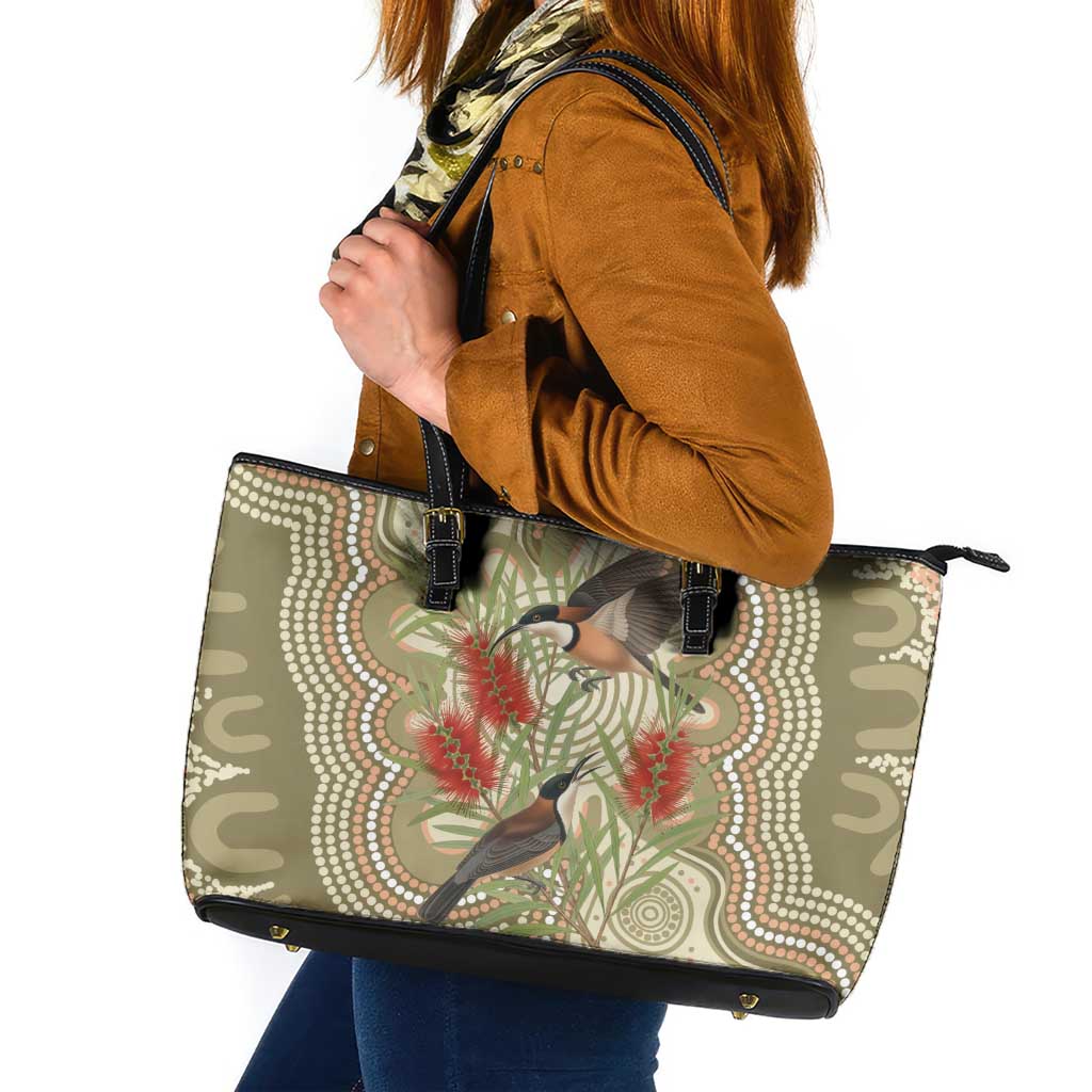 Australia Eastern Spinebill Leather Tote Bag Aussie Honeyeater Bottlebrush Indigenous Art - Aussie Hoodie