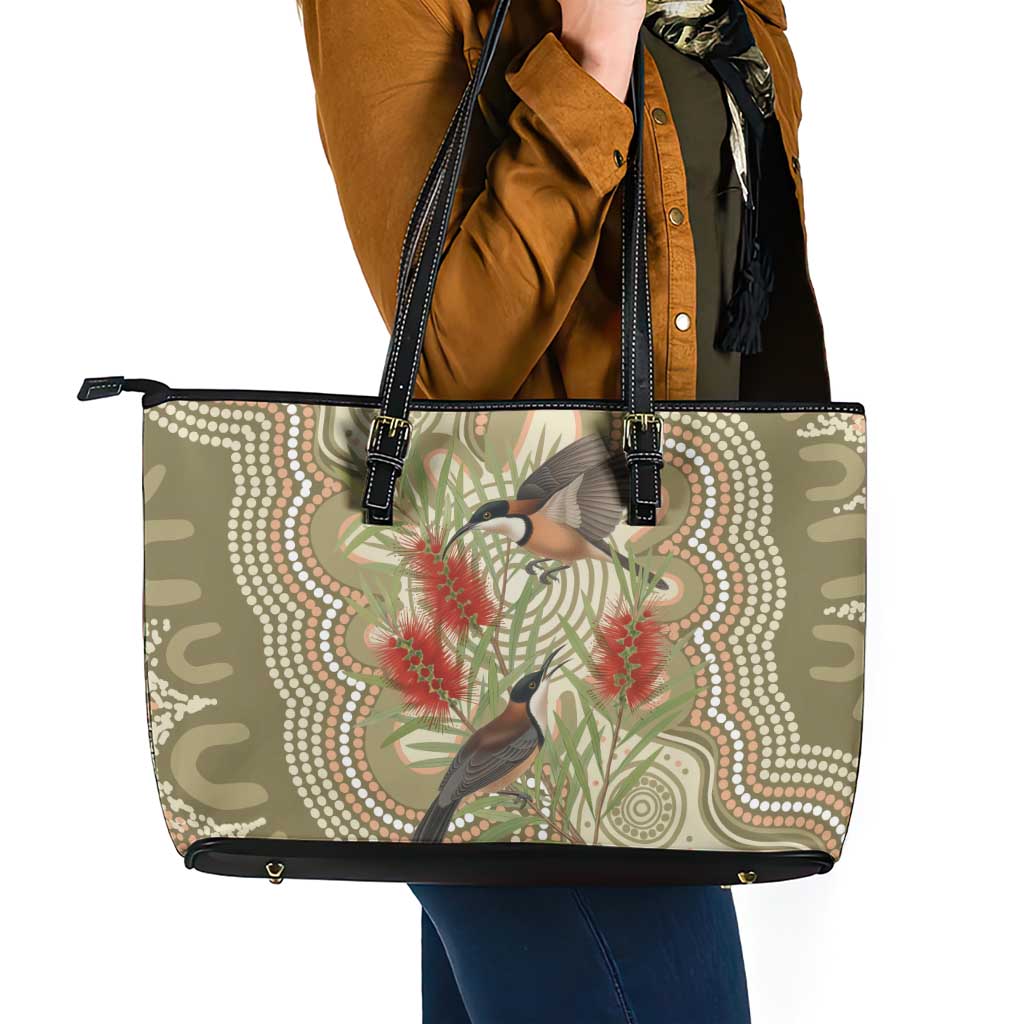 Australia Eastern Spinebill Leather Tote Bag Aussie Honeyeater Bottlebrush Indigenous Art - Aussie Hoodie