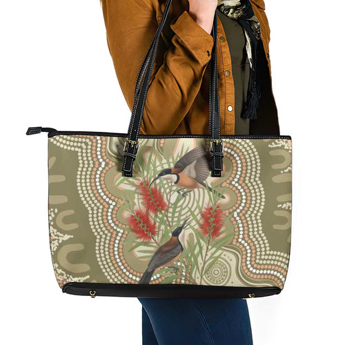 Australia Eastern Spinebill Leather Tote Bag Aussie Honeyeater Bottlebrush Indigenous Art - Aussie Hoodie