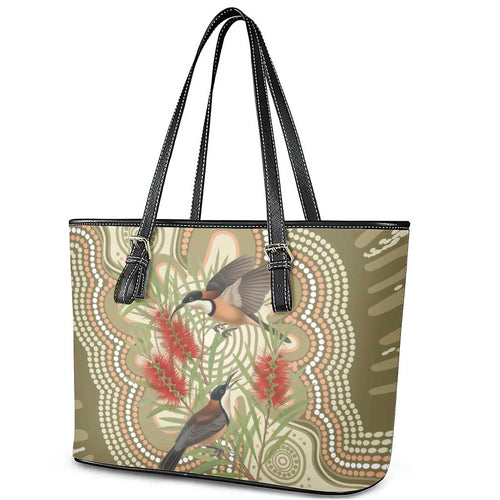 Australia Eastern Spinebill Leather Tote Bag Aussie Honeyeater Bottlebrush Indigenous Art - Aussie Hoodie