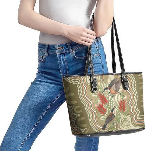 Australia Eastern Spinebill Leather Tote Bag Aussie Honeyeater Bottlebrush Indigenous Art - Aussie Hoodie