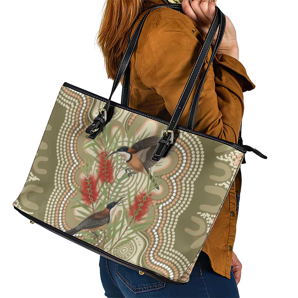 Australia Eastern Spinebill Leather Tote Bag Aussie Honeyeater Bottlebrush Indigenous Art - Aussie Hoodie