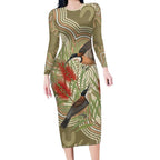 Australia Eastern Spinebill Long Sleeve Bodycon Dress Aussie Honeyeater Bottlebrush Indigenous Art - Aussie Hoodie