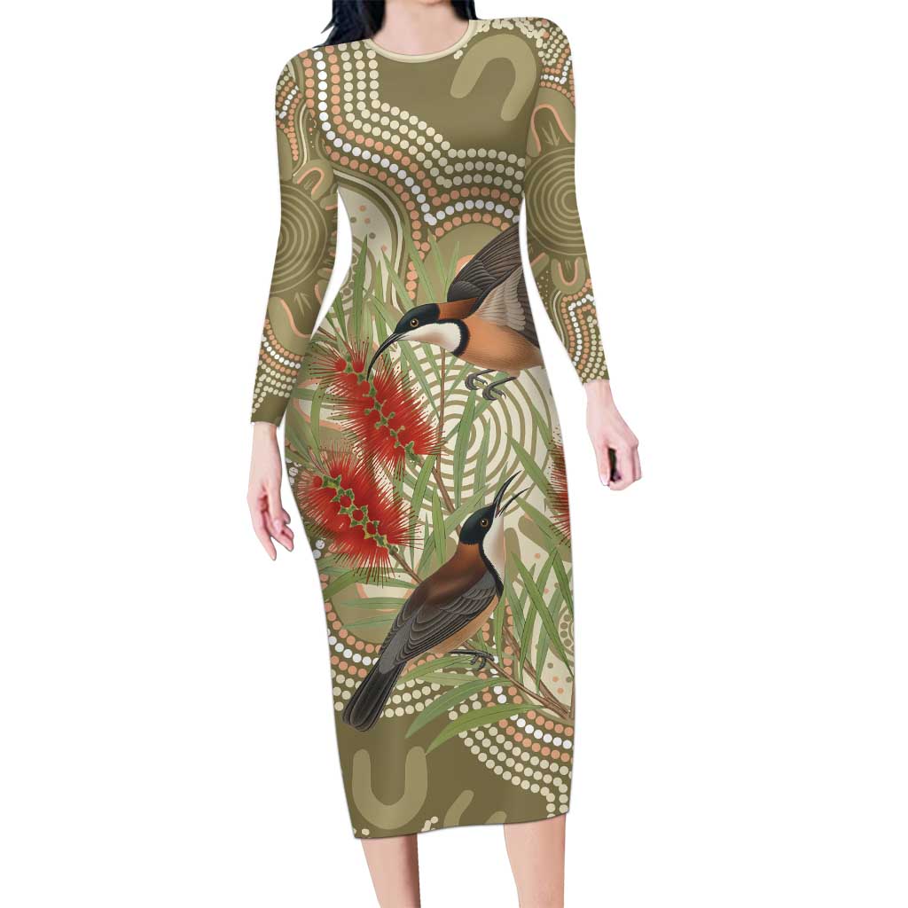 Australia Eastern Spinebill Long Sleeve Bodycon Dress Aussie Honeyeater Bottlebrush Indigenous Art - Aussie Hoodie
