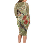 Australia Eastern Spinebill Long Sleeve Bodycon Dress Aussie Honeyeater Bottlebrush Indigenous Art - Aussie Hoodie
