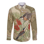 Australia Eastern Spinebill Long Sleeve Button Shirt Aussie Honeyeater Bottlebrush Indigenous Art - Aussie Hoodie