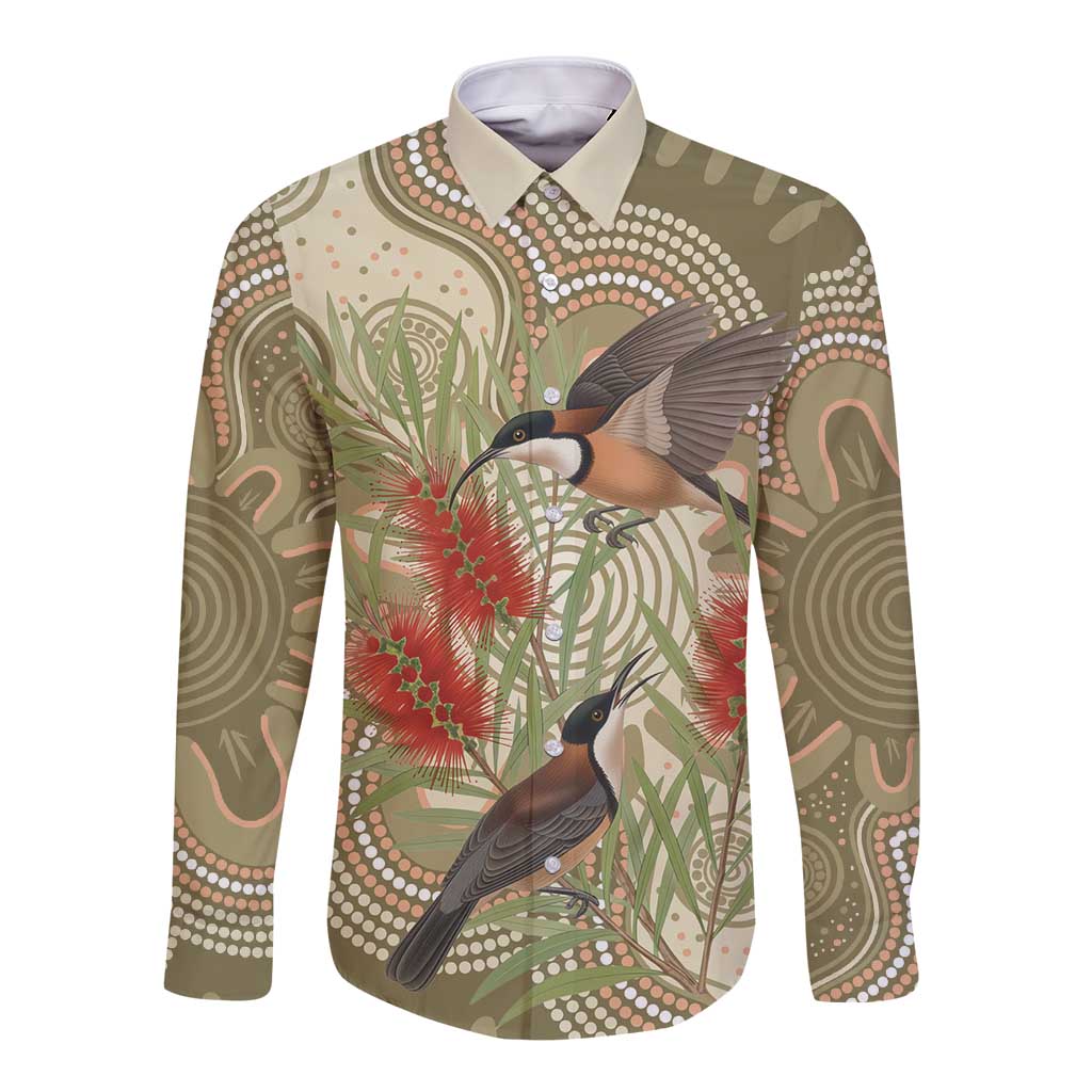 Australia Eastern Spinebill Long Sleeve Button Shirt Aussie Honeyeater Bottlebrush Indigenous Art - Aussie Hoodie