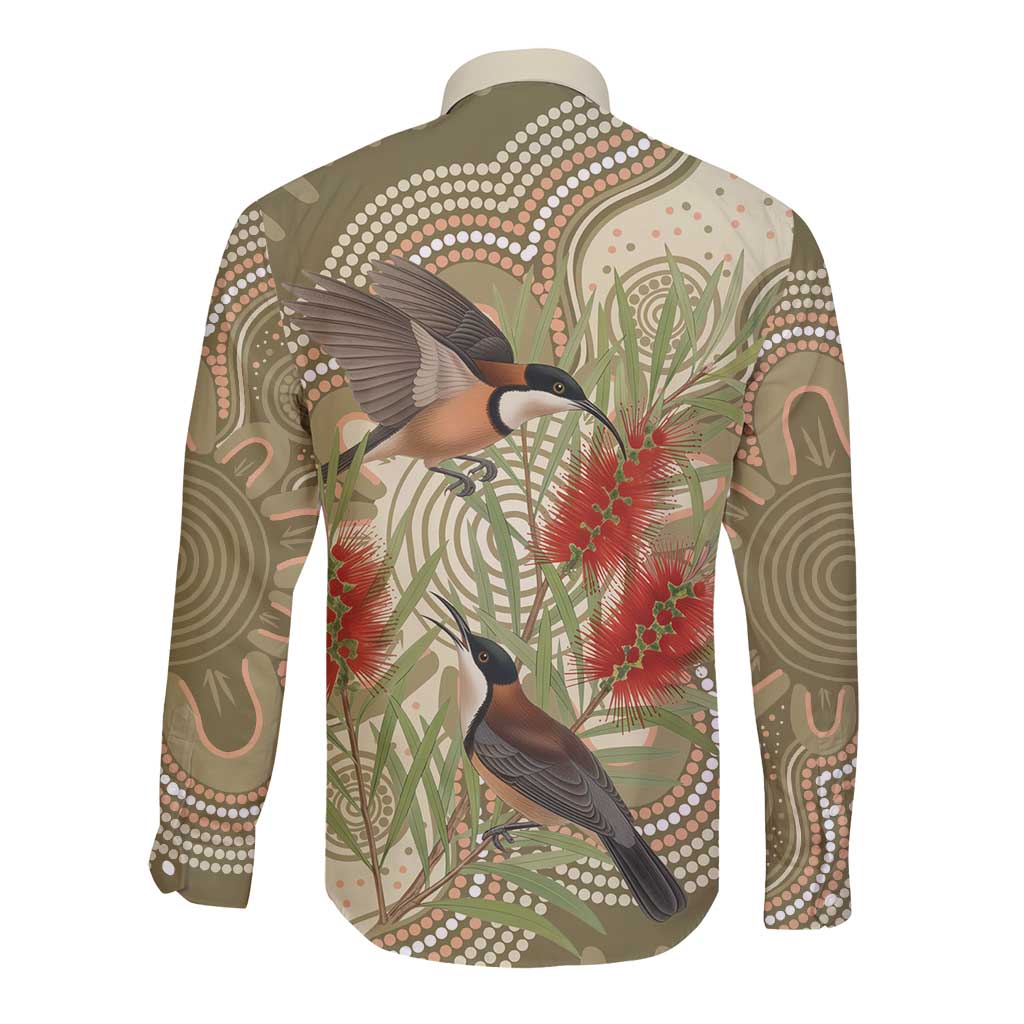 Australia Eastern Spinebill Long Sleeve Button Shirt Aussie Honeyeater Bottlebrush Indigenous Art - Aussie Hoodie