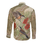Australia Eastern Spinebill Long Sleeve Button Shirt Aussie Honeyeater Bottlebrush Indigenous Art - Aussie Hoodie