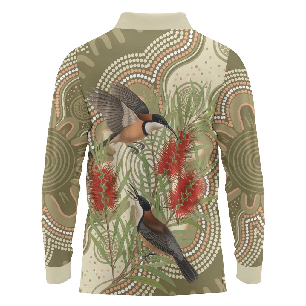 Australia Eastern Spinebill Long Sleeve Polo Shirt Aussie Honeyeater Bottlebrush Indigenous Art - Aussie Hoodie