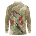 Australia Eastern Spinebill Long Sleeve Polo Shirt Aussie Honeyeater Bottlebrush Indigenous Art - Aussie Hoodie