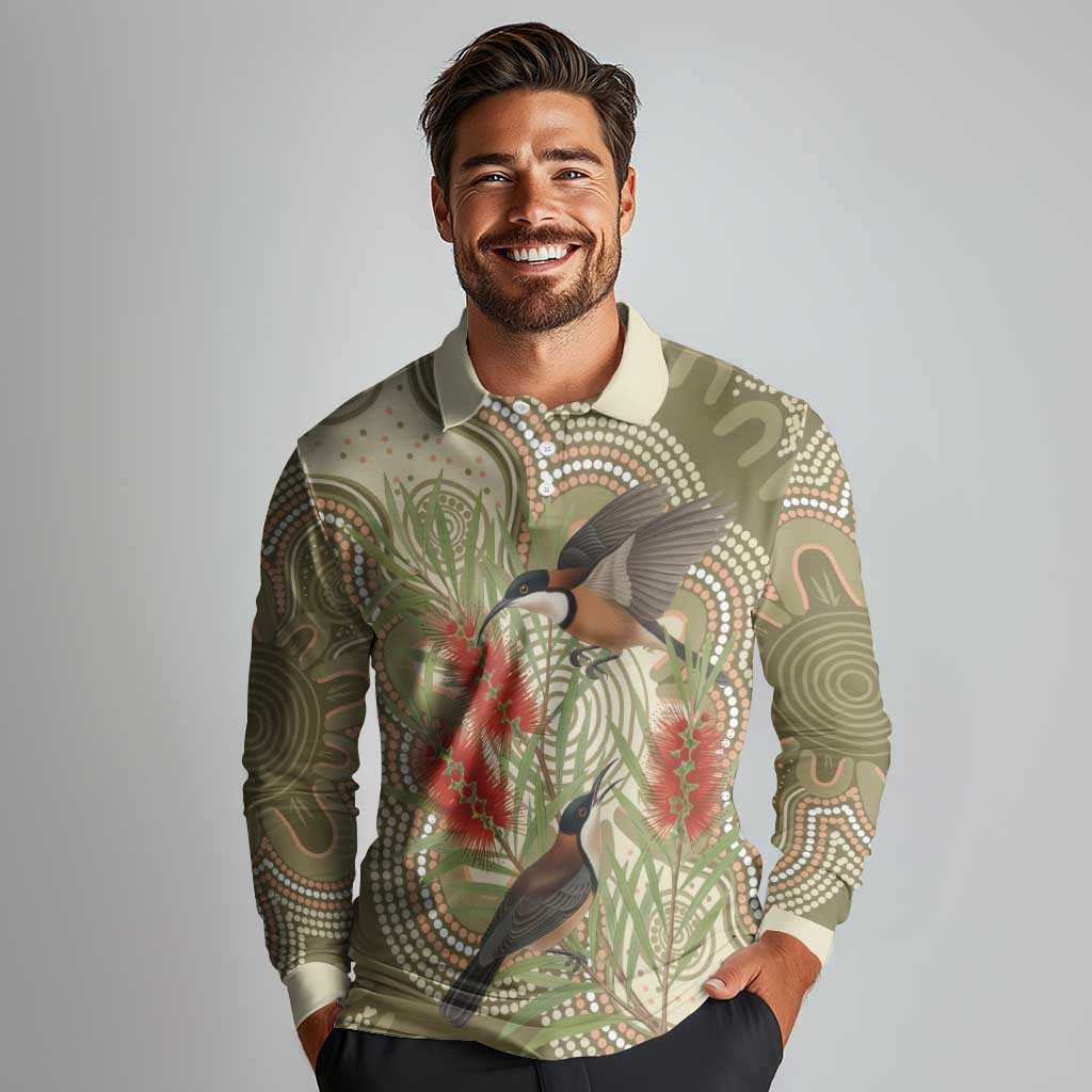 Australia Eastern Spinebill Long Sleeve Polo Shirt Aussie Honeyeater Bottlebrush Indigenous Art - Aussie Hoodie