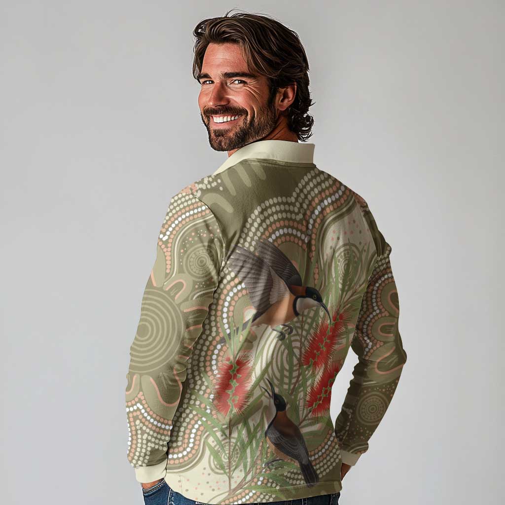 Australia Eastern Spinebill Long Sleeve Polo Shirt Aussie Honeyeater Bottlebrush Indigenous Art - Aussie Hoodie