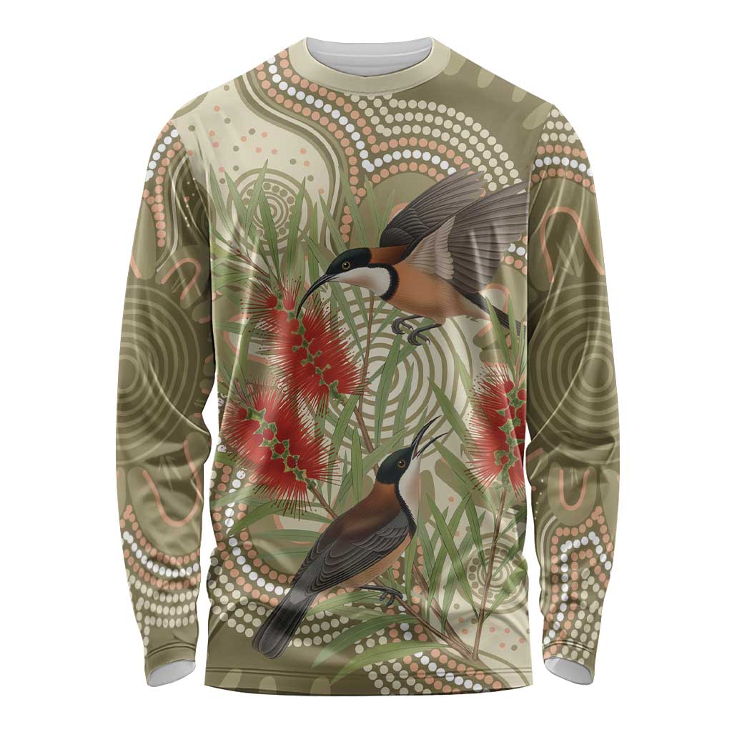 Australia Eastern Spinebill Long Sleeve Shirt Aussie Honeyeater Bottlebrush Indigenous Art - Aussie Hoodie
