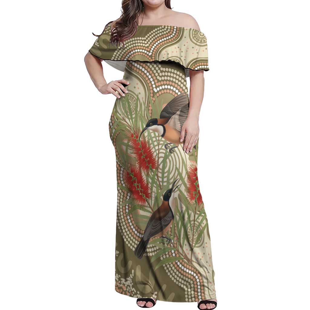 Australia Eastern Spinebill Off Shoulder Maxi Dress Aussie Honeyeater Bottlebrush Indigenous Art - Aussie Hoodie