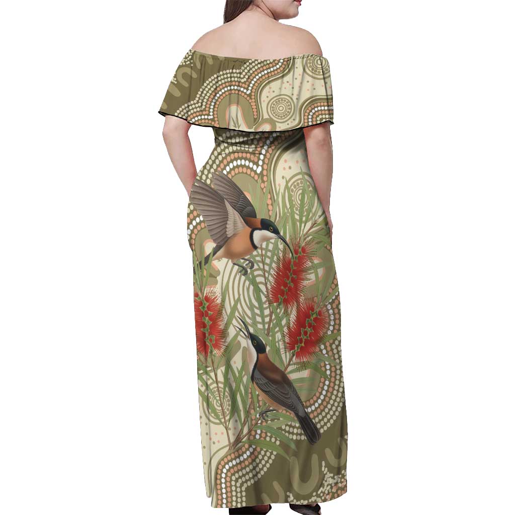 Australia Eastern Spinebill Off Shoulder Maxi Dress Aussie Honeyeater Bottlebrush Indigenous Art - Aussie Hoodie