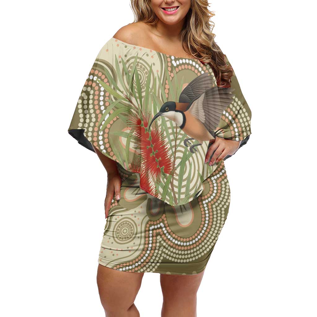 Australia Eastern Spinebill Off Shoulder Short Dress Aussie Honeyeater Bottlebrush Indigenous Art - Aussie Hoodie