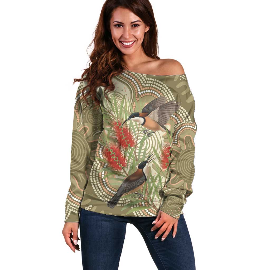 Australia Eastern Spinebill Off Shoulder Sweater Aussie Honeyeater Bottlebrush Indigenous Art - Aussie Hoodie