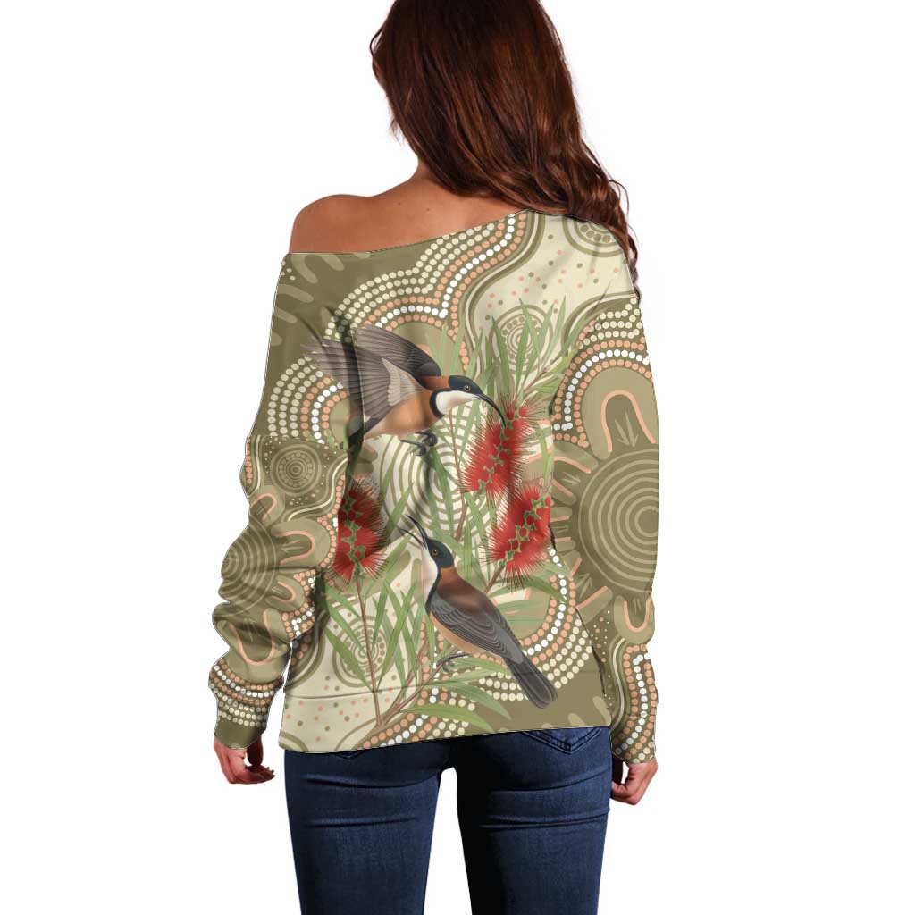 Australia Eastern Spinebill Off Shoulder Sweater Aussie Honeyeater Bottlebrush Indigenous Art - Aussie Hoodie