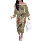 Australia Eastern Spinebill Off The Shoulder Long Sleeve Dress Aussie Honeyeater Bottlebrush Indigenous Art - Aussie Hoodie
