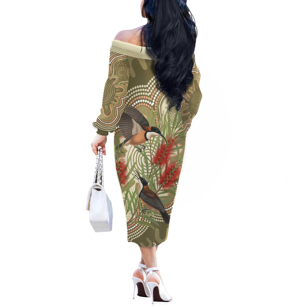 Australia Eastern Spinebill Off The Shoulder Long Sleeve Dress Aussie Honeyeater Bottlebrush Indigenous Art - Aussie Hoodie
