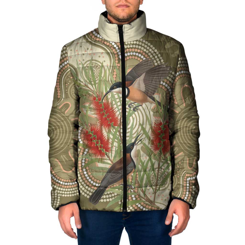 Australia Eastern Spinebill Padded Jacket Aussie Honeyeater Bottlebrush Indigenous Art - Aussie Hoodie