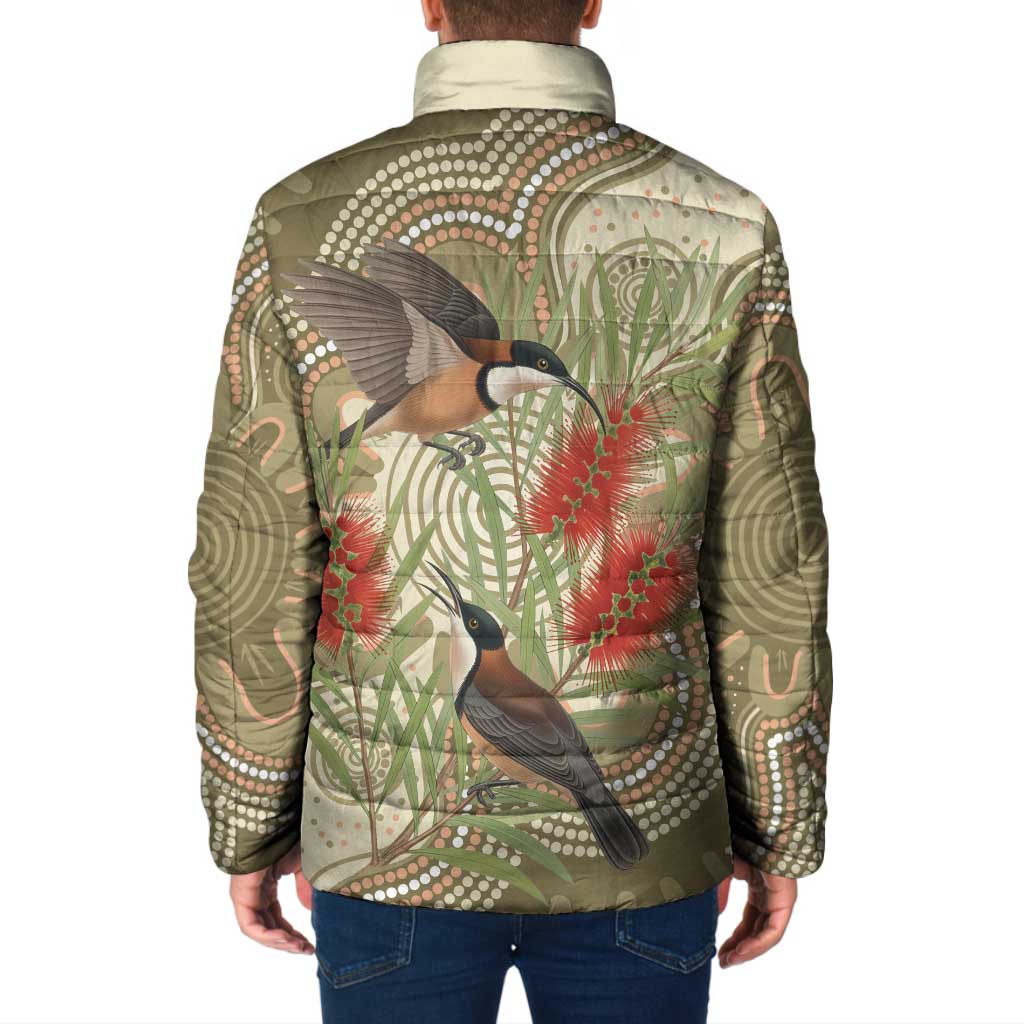 Australia Eastern Spinebill Padded Jacket Aussie Honeyeater Bottlebrush Indigenous Art - Aussie Hoodie