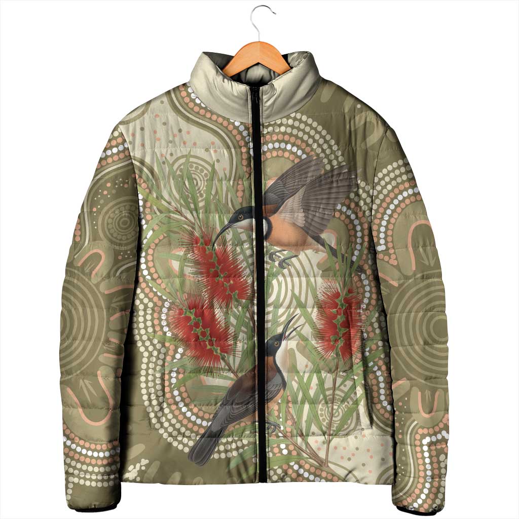 Australia Eastern Spinebill Padded Jacket Aussie Honeyeater Bottlebrush Indigenous Art - Aussie Hoodie