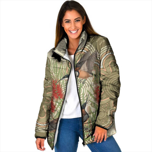 Australia Eastern Spinebill Padded Jacket Aussie Honeyeater Bottlebrush Indigenous Art - Aussie Hoodie
