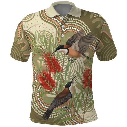Australia Eastern Spinebill Polo Shirt Aussie Honeyeater Bottlebrush Indigenous Art - Aussie Hoodie
