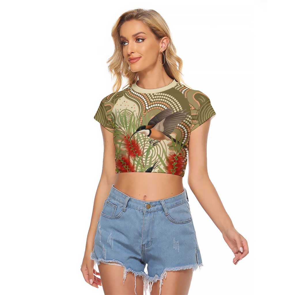 Australia Eastern Spinebill Raglan Cropped T Shirt Aussie Honeyeater Bottlebrush Indigenous Art - Aussie Hoodie