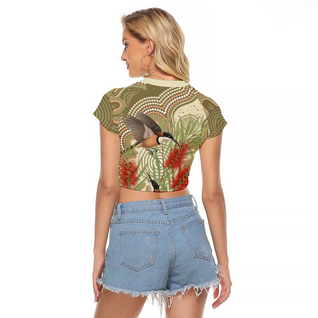 Australia Eastern Spinebill Raglan Cropped T Shirt Aussie Honeyeater Bottlebrush Indigenous Art - Aussie Hoodie