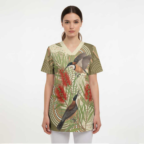 Australia Eastern Spinebill Scrub Top Aussie Honeyeater Bottlebrush Indigenous Art - Aussie Hoodie