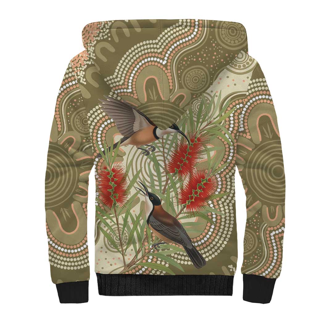 Australia Eastern Spinebill Sherpa Hoodie Aussie Honeyeater Bottlebrush Indigenous Art - Aussie Hoodie