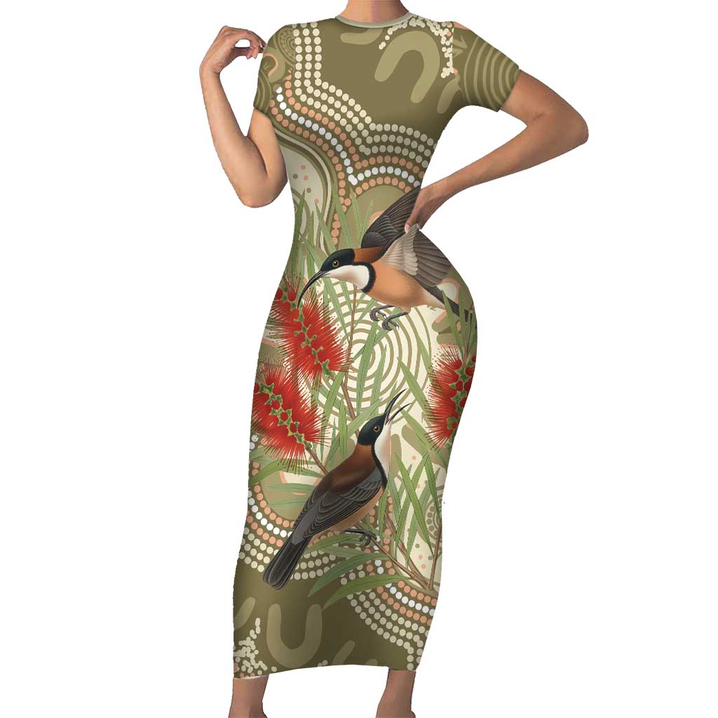 Australia Eastern Spinebill Short Sleeve Bodycon Dress Aussie Honeyeater Bottlebrush Indigenous Art - Aussie Hoodie