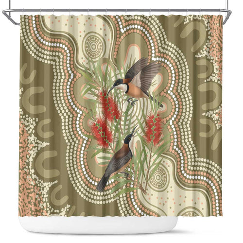Australia Eastern Spinebill Shower Curtain Aussie Honeyeater Bottlebrush Indigenous Art - Aussie Hoodie